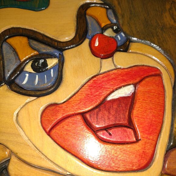 CREEPY CLOWN Colorful Art Picture Inlaid Wood JOKER JESTER Plaque 15x12 Signed - Picture 4 of 16